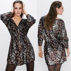 NWT Zara Sequin All Over Long Sleeve Short Dress